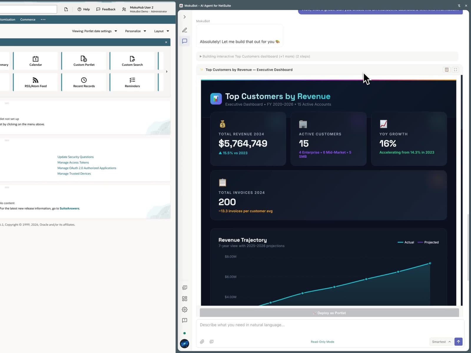 MokuBot side panel in NetSuite building a Top Customers by Revenue dashboard from a chat request