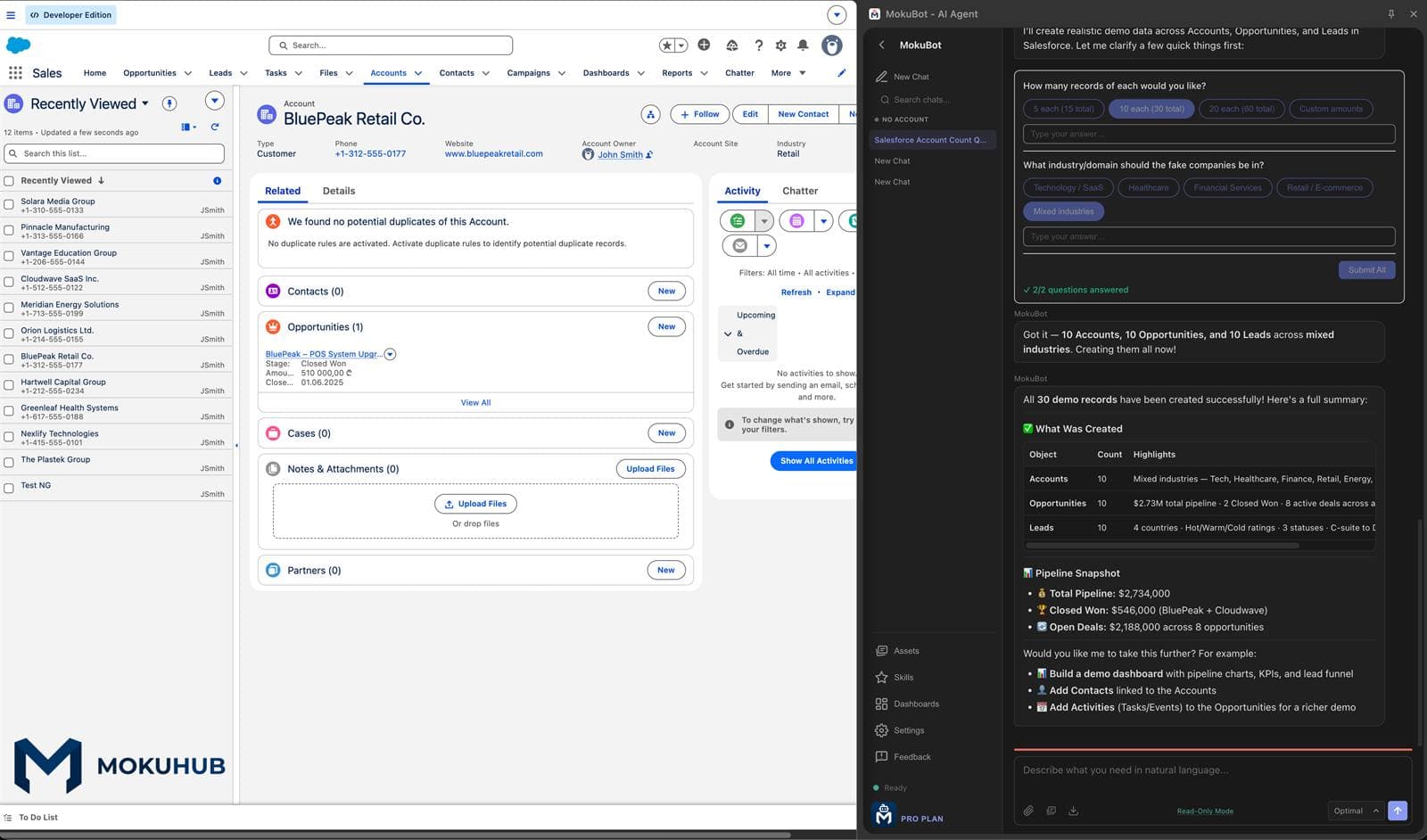 MokuBot AI agent panel running a SOQL query inside Salesforce