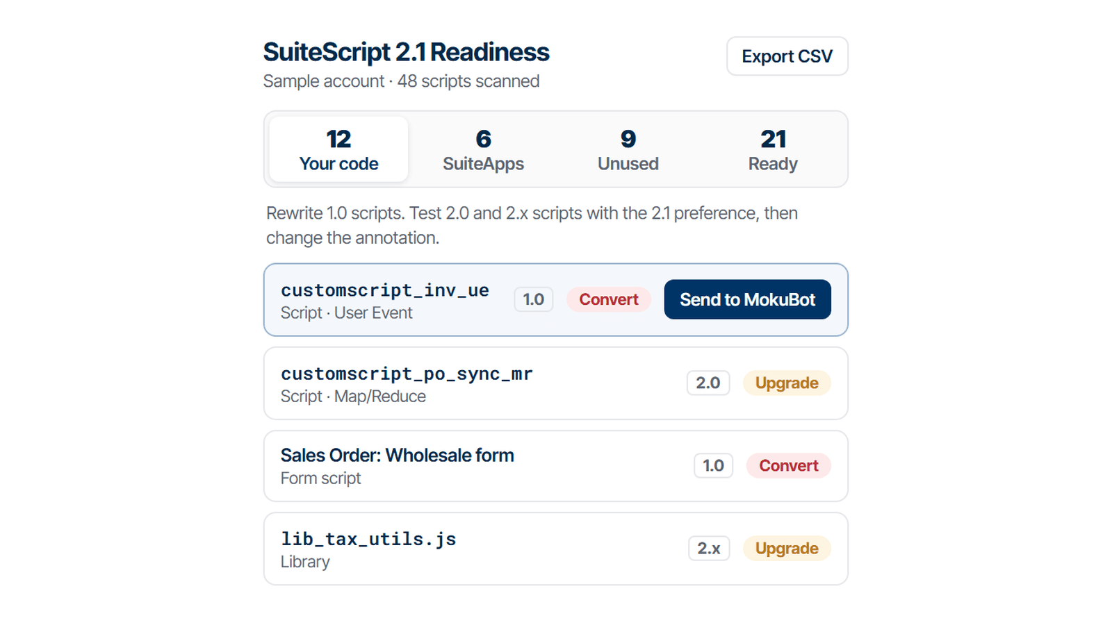 MokuBot 1.6: SuiteScript 2.1 Readiness, License Analyzer and Claude Desktop