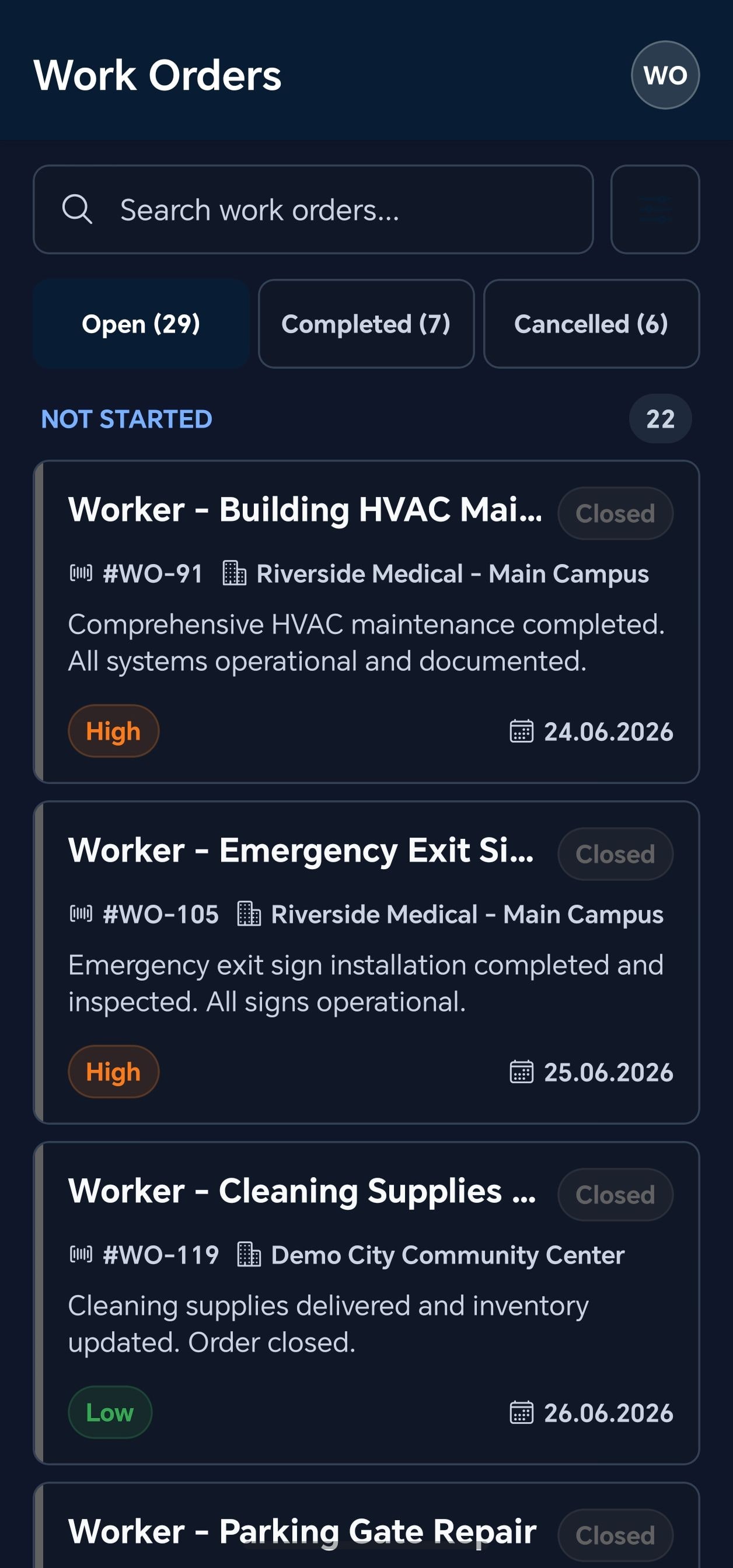 MokuField mobile work-order list with search, status tabs, priorities, scheduled dates, and work-order cards
