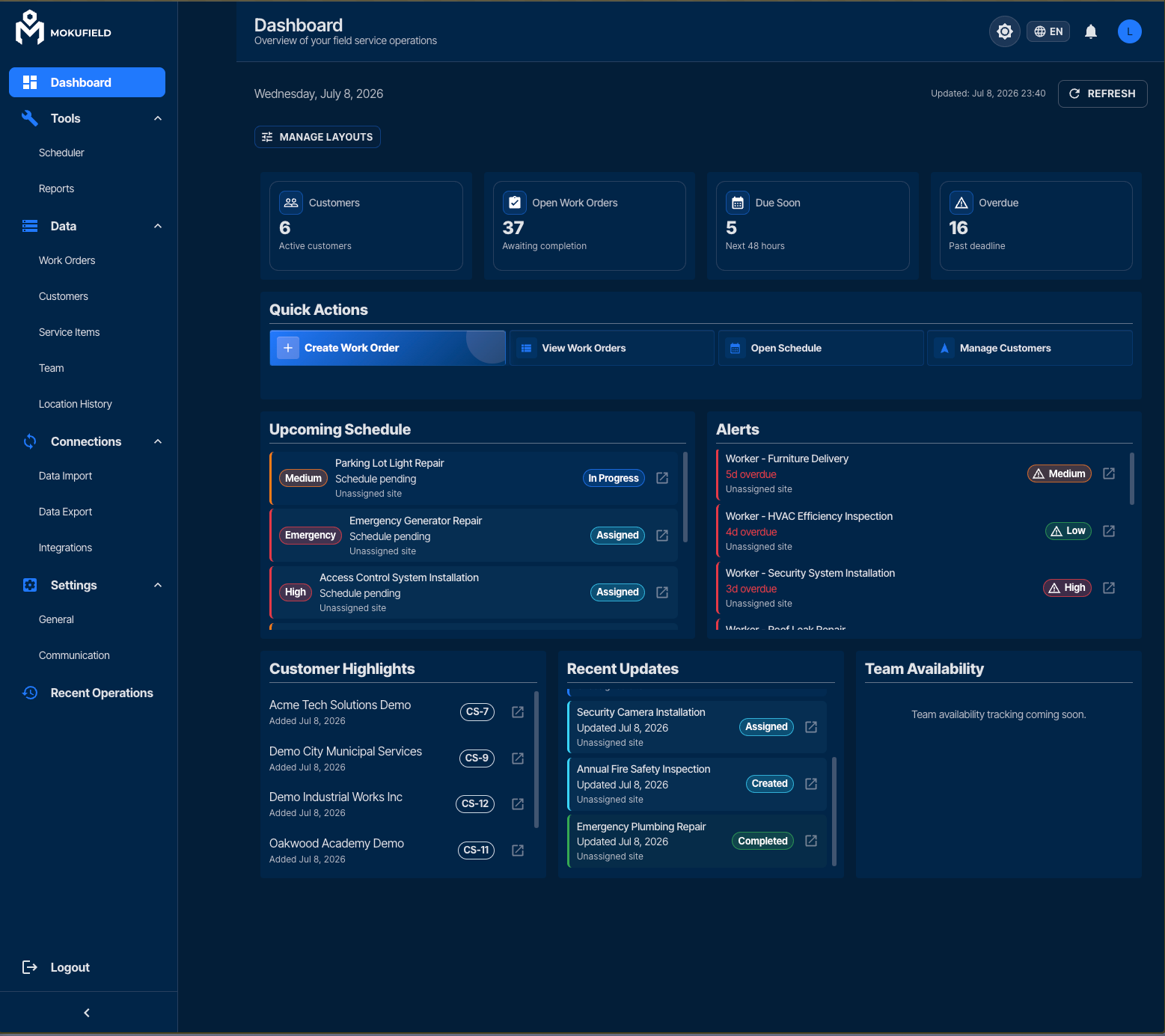 MokuField web dashboard with operations metrics, schedules, alerts, customer highlights, and recent updates