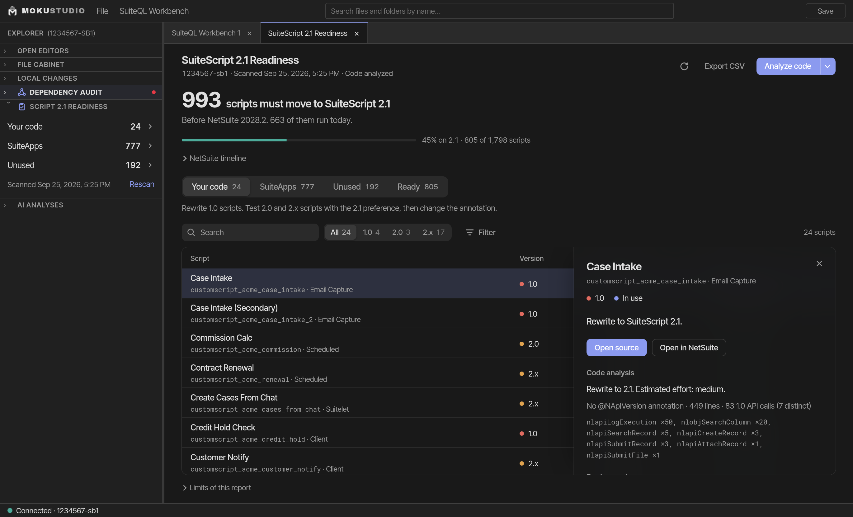 MokuStudio SuiteScript 2.1 Readiness report on a demo account: scripts split into your code, SuiteApps, unused and ready, with version and rewrite effort per script